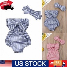 Newborn Baby Girls Romper Bow Striped Jumpsuit Bodysuit Headband Outfit New