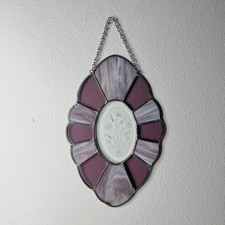 Vintage Purple  Lavender Stained Glass Floral Oval Suncatcher Wall Hanging