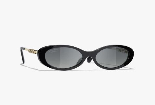 CHANEL Oval Polarized Sunglasses for Women Black Acetate/Metal Frame Gray Lens