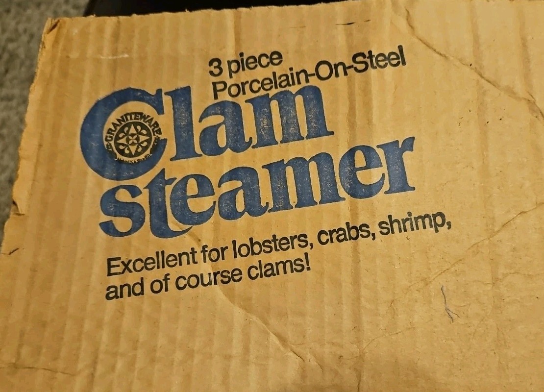 Vintage Double Steam Speckled Black Seafood Lobster Steamer Clam Corn Pot w/ Box