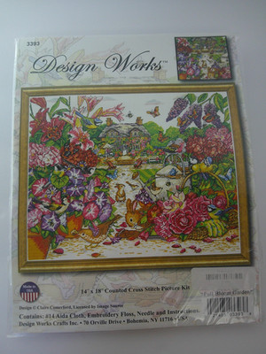 Design Works Cross Stitch Kit 3393 Full Bloom Garden 14x18 Bunny Rabbit Birds