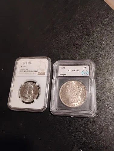 1963-D Franklin Half NGC MS63 & 1921 Morgan Dollar ICG MS63 Silver Lot - Charity