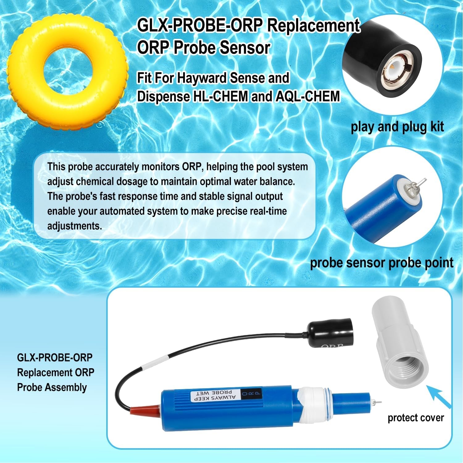 Replacement for Hayward Sense and Dispense GLX-PROBE-ORP ORP Probe