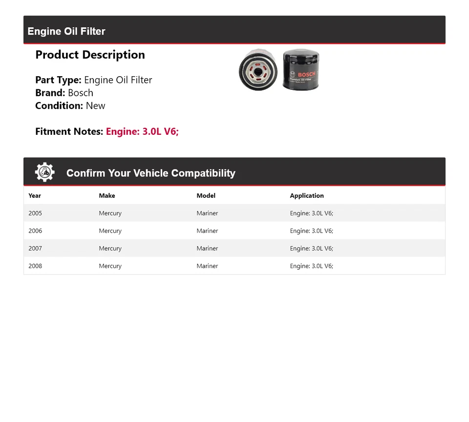 Filtro de aceite premium Bosch V6 3,0 L Mercury Mariner 2005-2008 2006 2007 Foto 2 de 3
