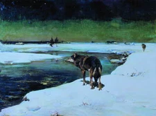 Wolves dark snowy river by Alfred Kowalsky-Wierusz vintage art