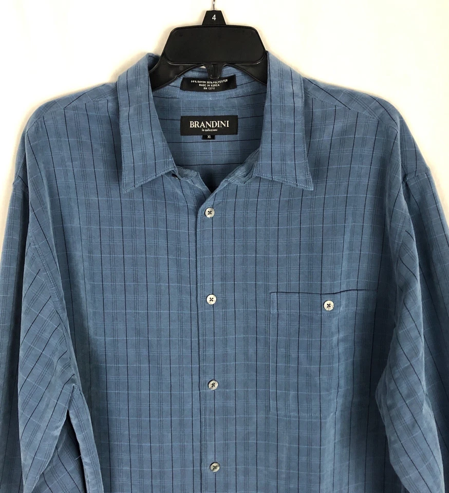Мужская синяя клетчатая рубашка Brandini Collection XL с длинным рукавом мягкая рубашка вискозная смесь - Изображение 4 из 4