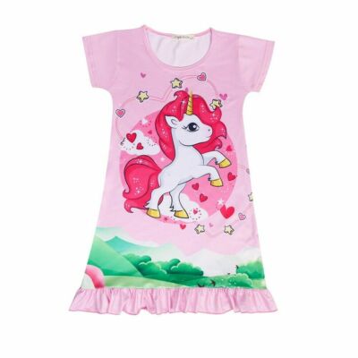 Kid Girls Cotton Nightgowns Short Sleeve Cute Cartoon Print Sleep Shirt Unicorn