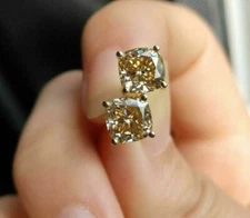 3 CT Lab Created Cushion Chocolate Diamond Stud Earrings 14K Yellow Gold Over