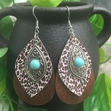 3 Silver-tone Charm Leather Wood Earring Set Drop Dangle New Free Ship A801