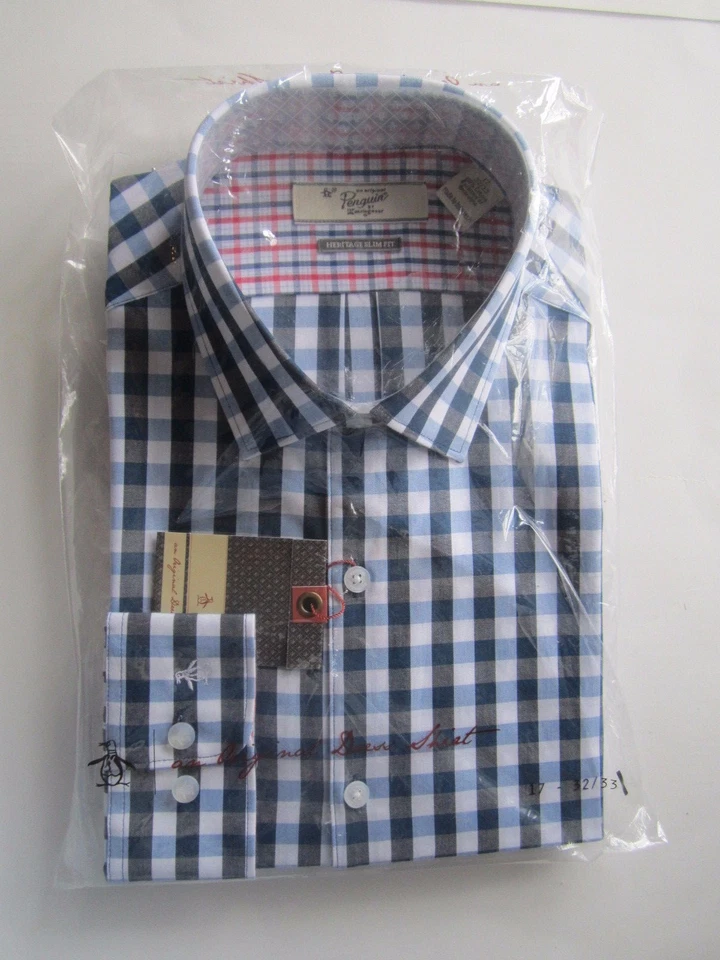 NUEVO PENGUIN MUNSINGWEAR AZUL MARINO cuadros HOMBRE CAMISA DE VESTIR 17 LS 32/33 corte ajustado Foto 2 de 4