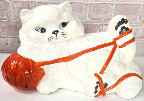 VTG Ceramic White Persian Cat Playing Orange Yarn Hand Painted 6.5" x 11" Signed