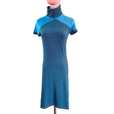 VERSACE Jeans Sweater Dress Short Sleeve Very Soft! Blue w/Black Stripe Small