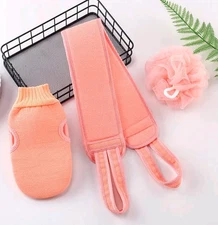 Body Scrubber Shower Set , Back Scrubber, Sponge Pad & Loofah Mesh. PINK 