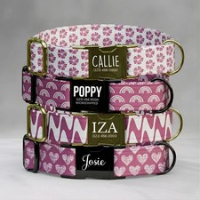 Pink Dog Collar Personalized Name Engraved Buckle Floral Heart Rainbows OG-486 