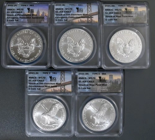 2021-PSW $1 AMERICAN SILVER EAGLE 5-Coin Set T-1/T-2  5 oz 999 ANACS MS70 A6602