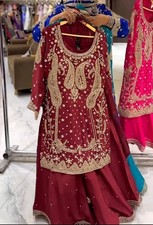 New Fancy Heavy Chinnon Silk Maroon Top Palazzo With Dupatta For Engagement Wear