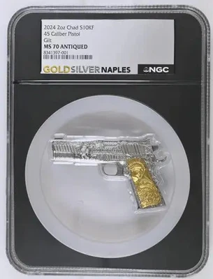 2024 2oz Chad S10kF 45 Caliber Pistol Gilt MS70 (OB-43) - Image 1 of 2