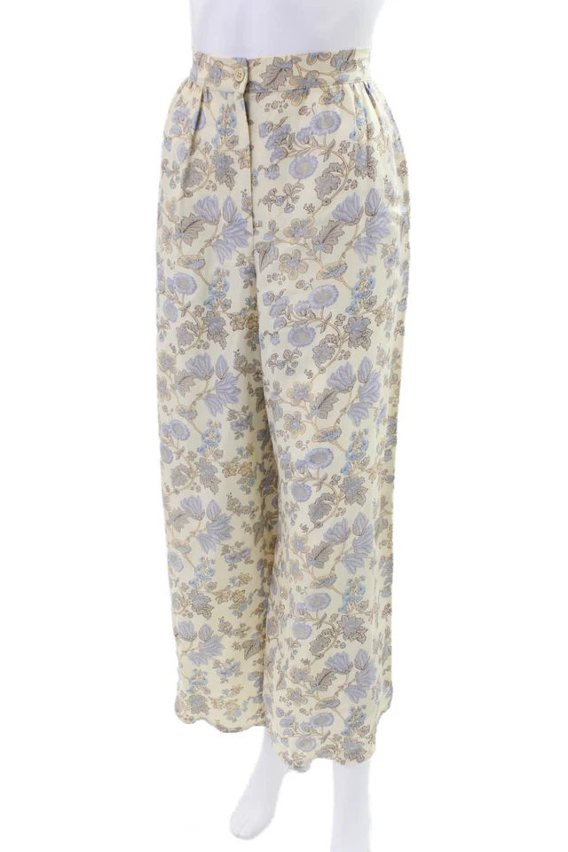 Calça Giorgio Armani Feminina Cintura Alta Floral Perna Larga Azul Creme Tamanho 10 - Imagem 2 de 4
