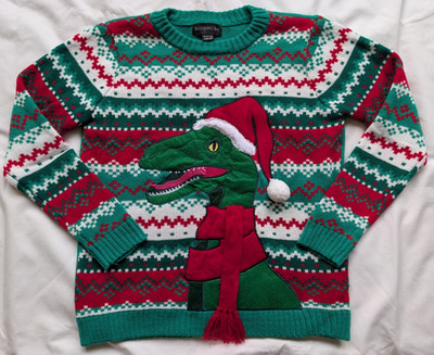Blizzard Bay Christmas Sweater T-Rex Green Ugly Holiday Portraits Boys L 14 16