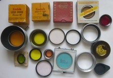 LOT OF VINTAGE CAMERA FILTER LENSES, LENS HOOD, ADAPTER RONG. KODAK AND EDNALITE