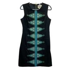 Anthropologie Dress Womens 6 Black Teal Sleeveless Aztec Tabitha Embroidered