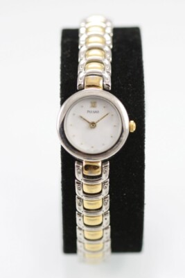 Pulsar Damenarmbanduhr Edelstahl Gold Silber Wasserdicht 30 m Quarz Weiß