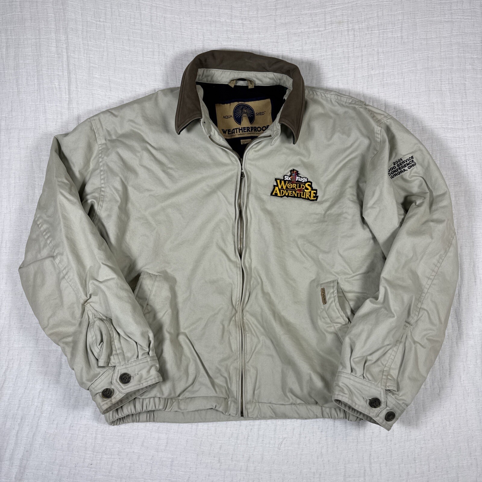 Vintage 2001 Six Flags Genuine Leather Jacket Men’s XL Tan Weatherproof Rare