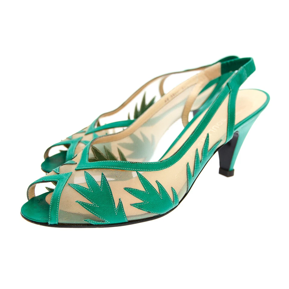 Escarpins d'été à talons en cuir vert et résille | Evelins | Vintage 80s - Photo 1/4