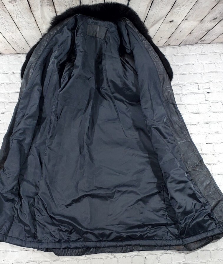 JACQUELINE FERRAR Genuine Leather Fox Fur Trench Coat Jacket Black