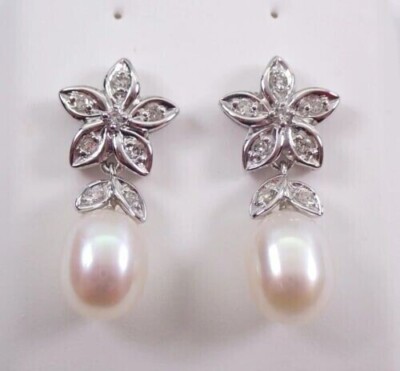 2.00Ct Lab Created Oval Pearl Flower Drop Dangle Earrings 14K White Gold Plated