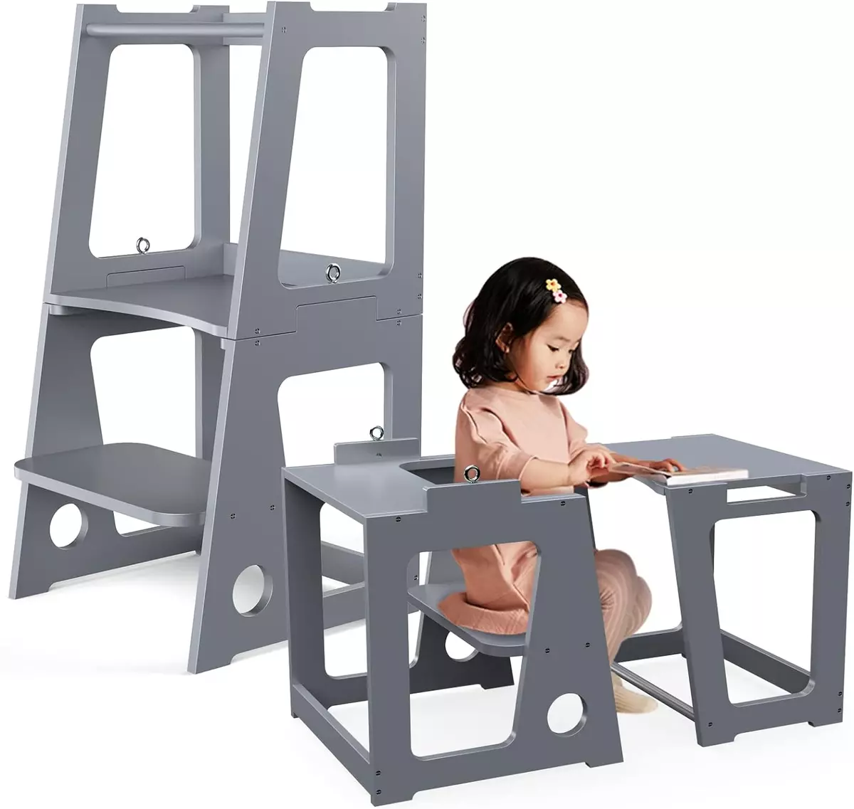 Kids Kitchen Step Stool with Safety Rail 2 in 1 Convertible Wooden Toddler Lear