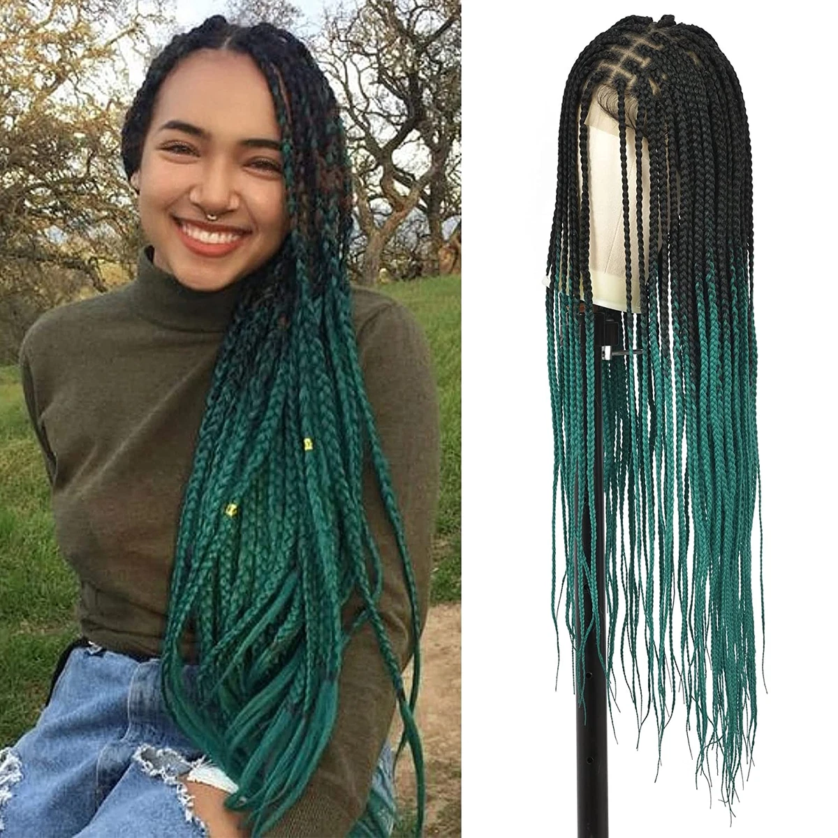 Knotless Braided Wig Box Braids Full Lace Braids Wig Black Green Ombre  Braid Wig