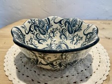 Vintage Crackle Glaze Blue And White Bowl. Pottery. Scallop Edge. Leaf Scroll