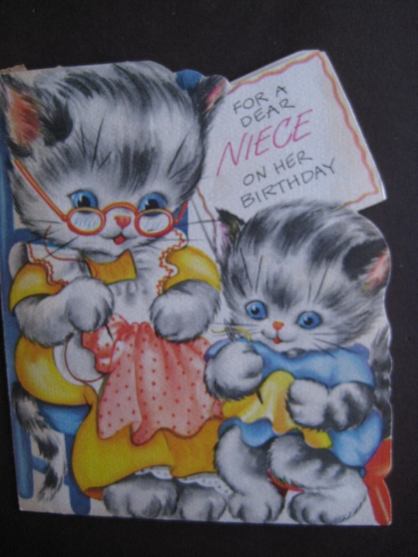 1950s vintage greeting card American Greetings diecut BIRTHDAY To Niece Cats Sew