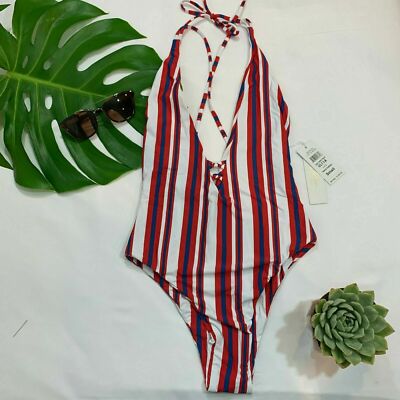 NWT B. Swim [ Small ] Lush Deep Plunge Stripe One Piece Swimsuit White Red Blue