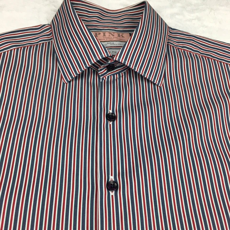 Camisa de vestir Thomas rosa para hombre 16 (41) rayas rojas/azules calce ajustado puños franceses Foto 4 de 4