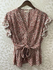 Max Studio Women’s M Red Boho Floral Flutter Sleeve Tie Waist Top Blouse