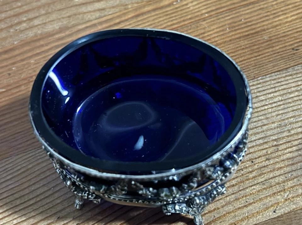 Antique Salt Cellar German Sterling Silver Footed Blue Cobalt Glass With Spoon - Image 2 of 4
