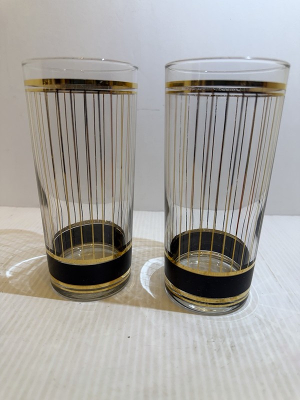 Pair MCM Culver Devon Black 12 Ounce Highball Glasses Barware Gold Black Stripe