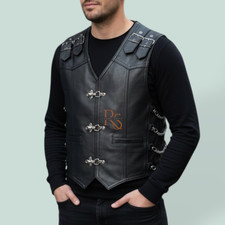 Men  s Lambskin Leather Vest Black Biker Gothic Steampunk Buckle Waistcoat