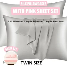 KASENTEX Silk Pillowcase with Pink Twin Sheet Set
