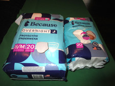 LOT Because Premium Incontinence Booster Pads  OVERNIGHT UNDERWEAR S/M 20CT EA