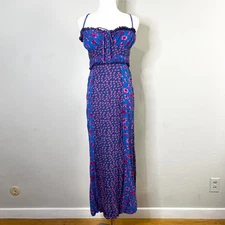 Free People Tigerlily Midi Dress Smocked Floral Milkmaid Blue Boho Size Small
