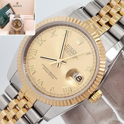 Rolex Datejust 36mm 116233 2-Tone Champagne Roman Dial Jubilee Watch Box Papers