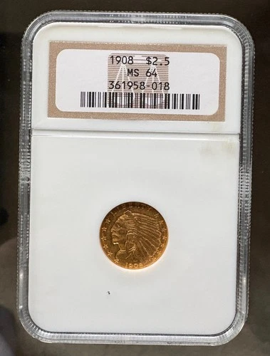 1908 US $2.5 Gold Indian Head / Quarter Eagle Coin - NGC MS-64