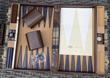 Vtg Aries Of Beverly Hills Traveling Backgammon Set Brown Navy Plaid COMPLETE