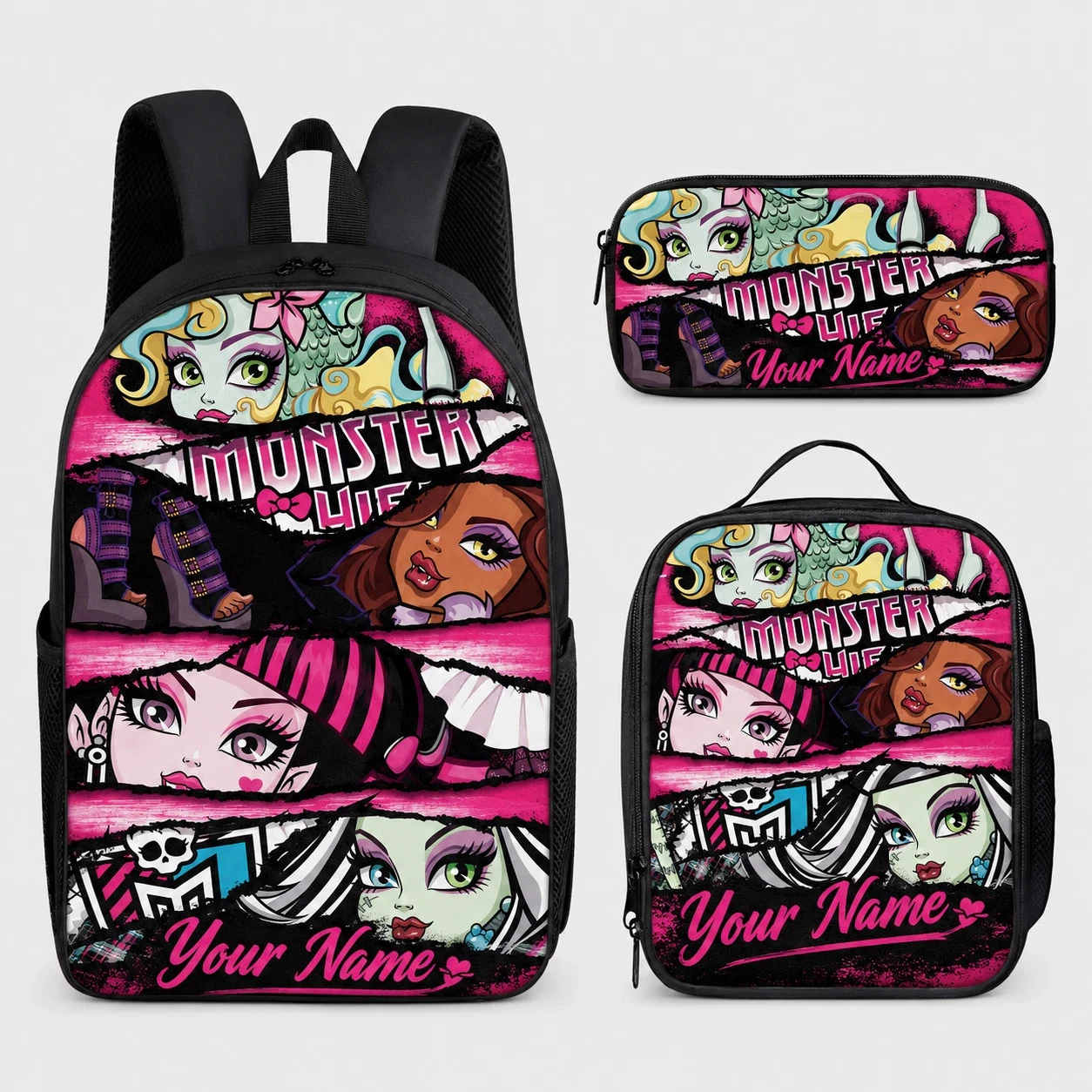 Personalized Monster High Backpack Set, Custom Name School Bag, Lunch Bag