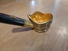 Vintage Chinese Brass Silk Iron (Coal) With Wood Handle, Antique, Japan Made