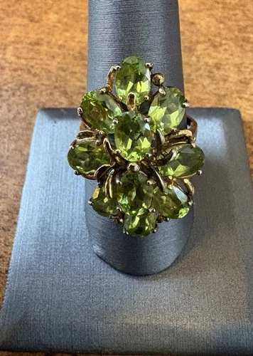 VINTAGE PERIDOT Cluster 10 Oval Stones! Sterling Gold Over Size 9.5