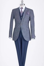 Men Blue Houndstooth Notch Lapel Blazer Leisure Party Prom Groom Tuxedos Wedding